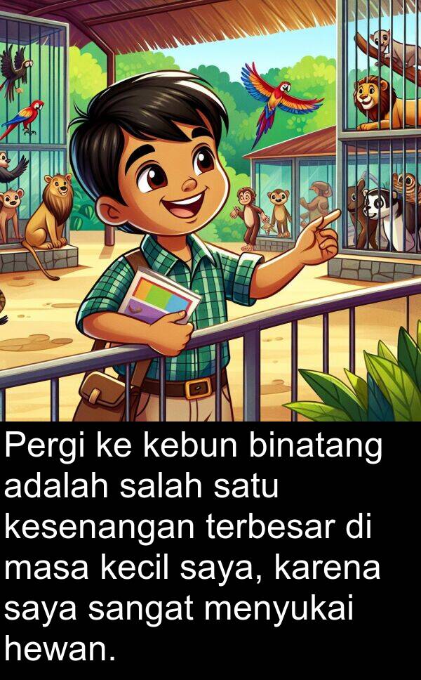 kebun: Pergi ke kebun binatang adalah salah satu kesenangan terbesar di masa kecil saya, karena saya sangat menyukai hewan.