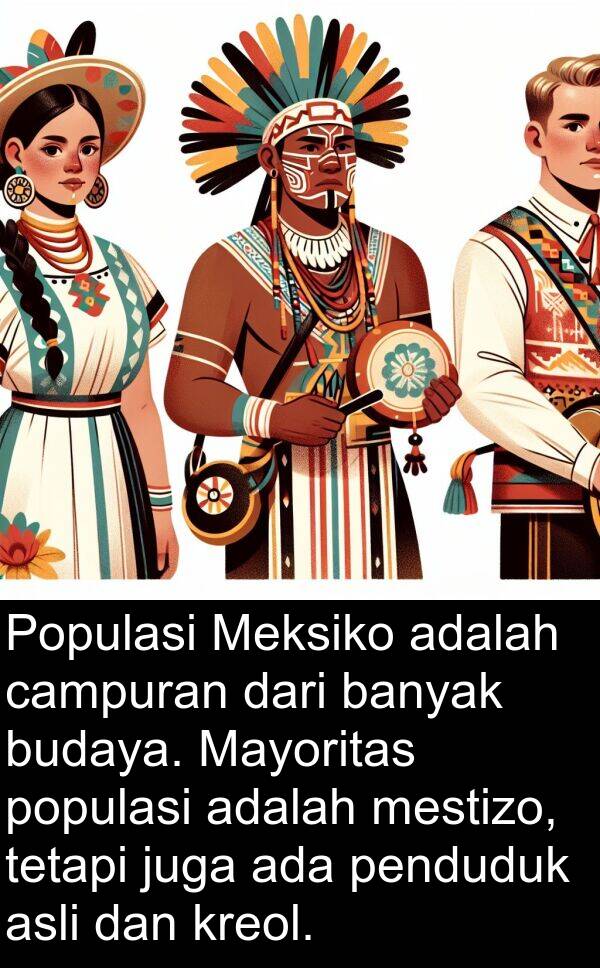 penduduk: Populasi Meksiko adalah campuran dari banyak budaya. Mayoritas populasi adalah mestizo, tetapi juga ada penduduk asli dan kreol.