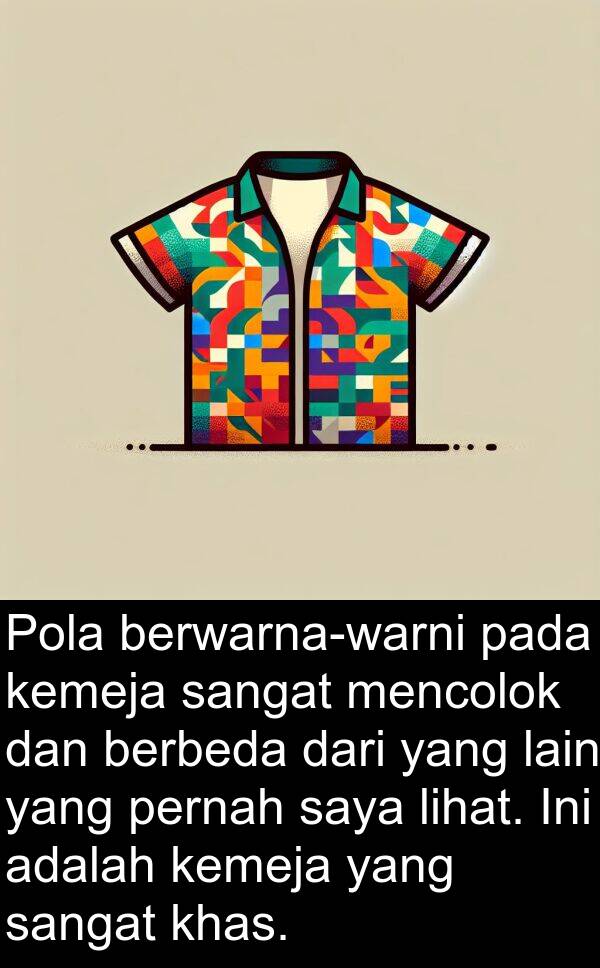 lihat: Pola berwarna-warni pada kemeja sangat mencolok dan berbeda dari yang lain yang pernah saya lihat. Ini adalah kemeja yang sangat khas.