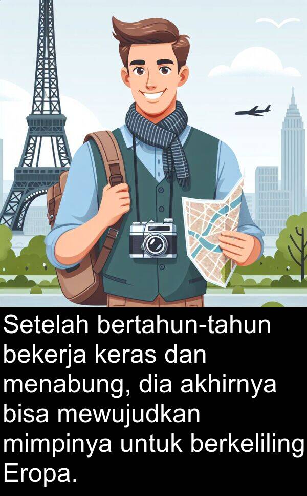 berkeliling: Setelah bertahun-tahun bekerja keras dan menabung, dia akhirnya bisa mewujudkan mimpinya untuk berkeliling Eropa.