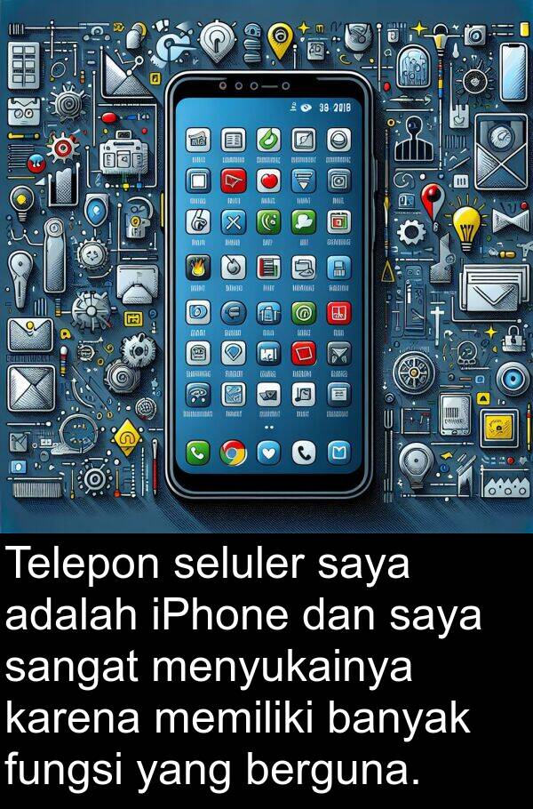 fungsi: Telepon seluler saya adalah iPhone dan saya sangat menyukainya karena memiliki banyak fungsi yang berguna.