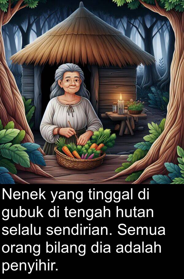 tengah: Nenek yang tinggal di gubuk di tengah hutan selalu sendirian. Semua orang bilang dia adalah penyihir.