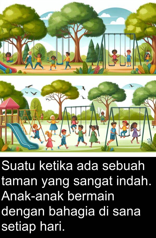 sana: Suatu ketika ada sebuah taman yang sangat indah. Anak-anak bermain dengan bahagia di sana setiap hari.