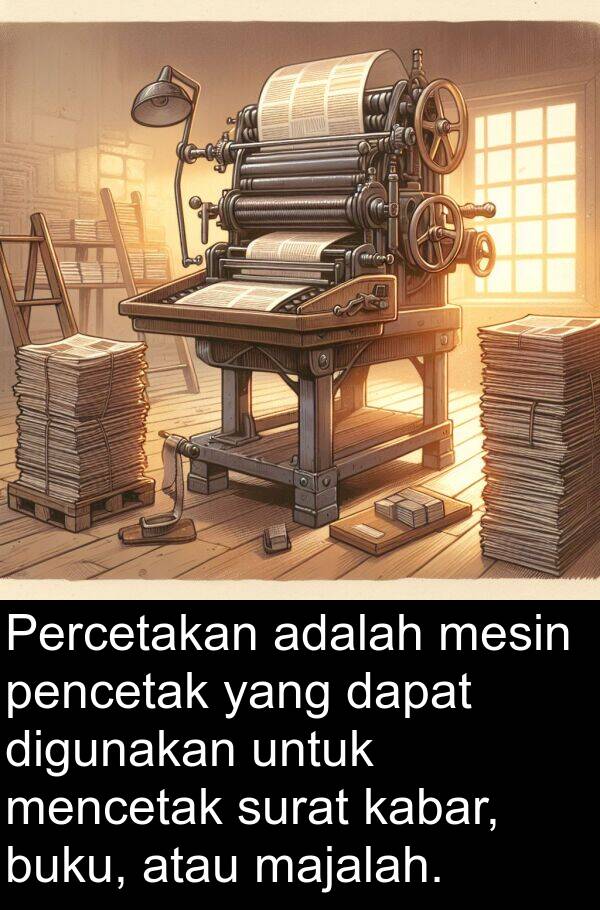 kabar: Percetakan adalah mesin pencetak yang dapat digunakan untuk mencetak surat kabar, buku, atau majalah.