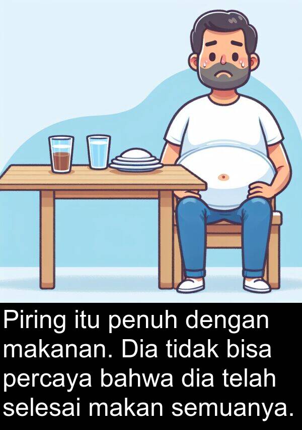 selesai: Piring itu penuh dengan makanan. Dia tidak bisa percaya bahwa dia telah selesai makan semuanya.