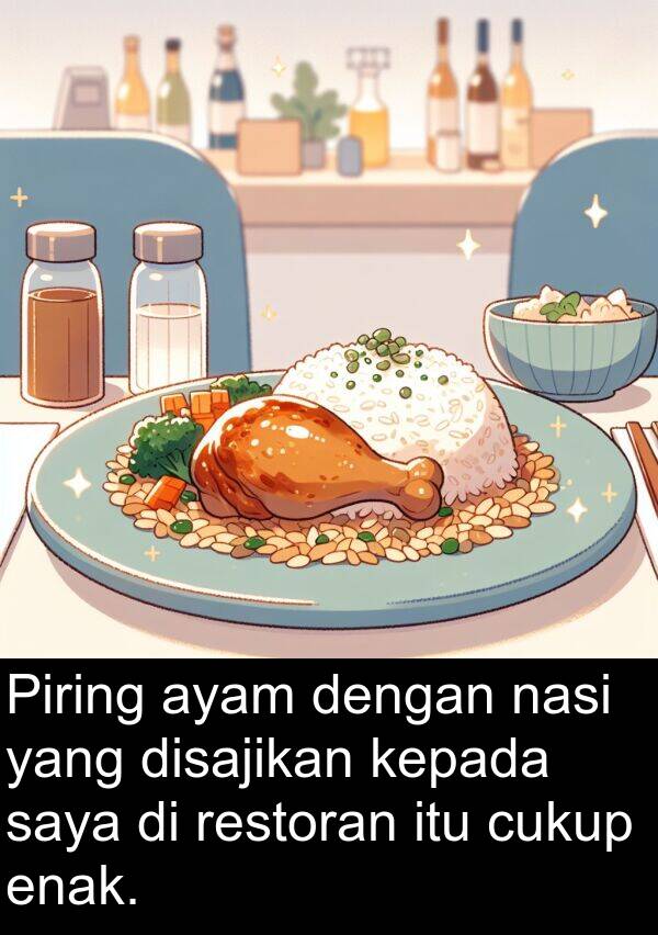 restoran: Piring ayam dengan nasi yang disajikan kepada saya di restoran itu cukup enak.