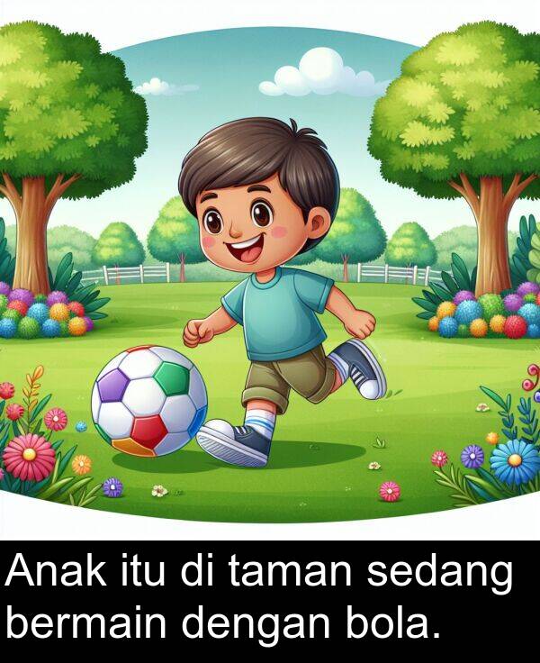 taman: Anak itu di taman sedang bermain dengan bola.