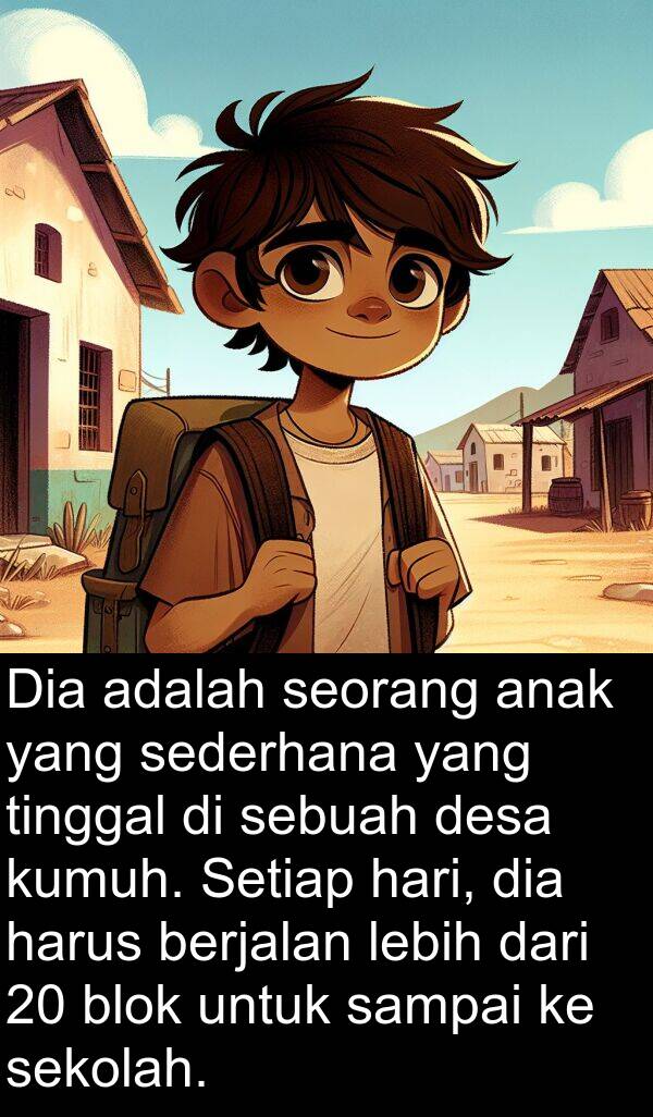 desa: Dia adalah seorang anak yang sederhana yang tinggal di sebuah desa kumuh. Setiap hari, dia harus berjalan lebih dari 20 blok untuk sampai ke sekolah.