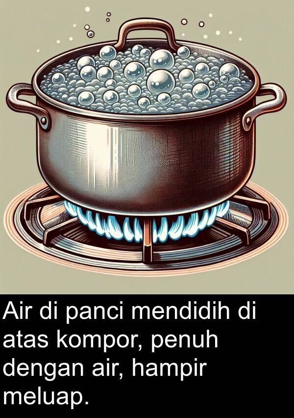 panci: Air di panci mendidih di atas kompor, penuh dengan air, hampir meluap.