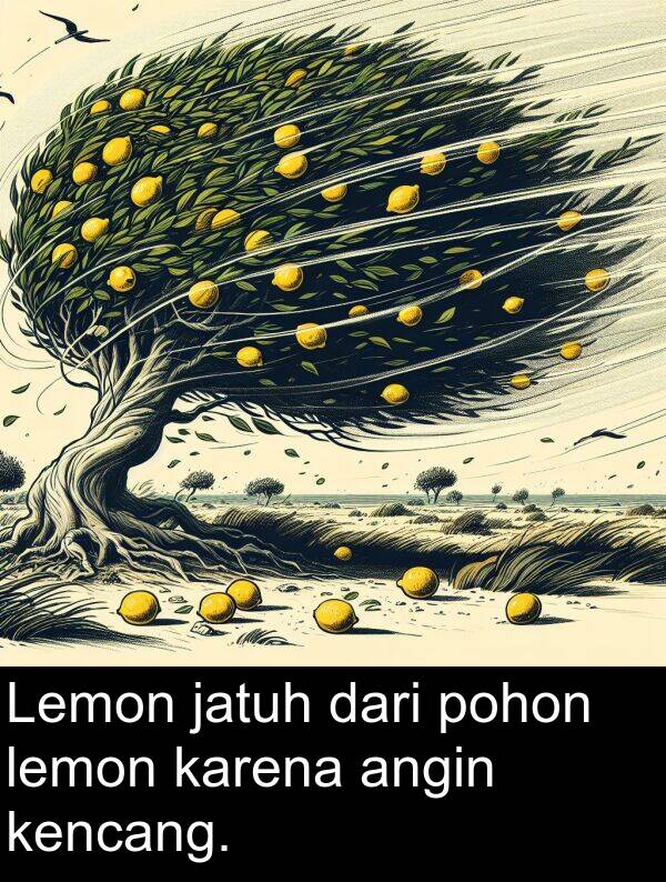 karena: Lemon jatuh dari pohon lemon karena angin kencang.