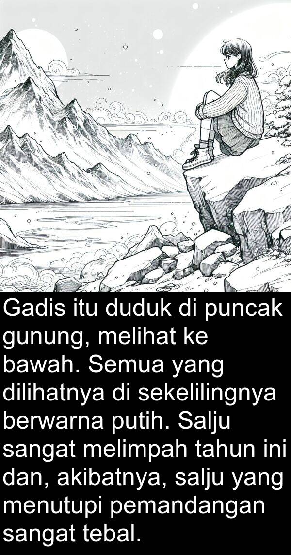 salju: Gadis itu duduk di puncak gunung, melihat ke bawah. Semua yang dilihatnya di sekelilingnya berwarna putih. Salju sangat melimpah tahun ini dan, akibatnya, salju yang menutupi pemandangan sangat tebal.