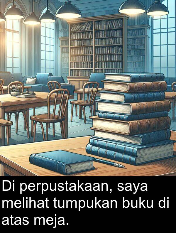 meja: Di perpustakaan, saya melihat tumpukan buku di atas meja.