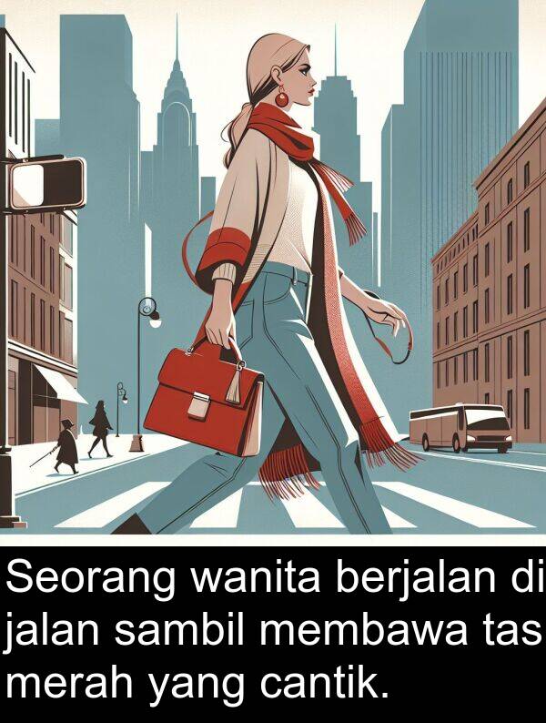 cantik: Seorang wanita berjalan di jalan sambil membawa tas merah yang cantik.