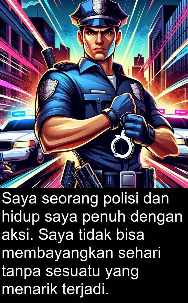 terjadi: Saya seorang polisi dan hidup saya penuh dengan aksi. Saya tidak bisa membayangkan sehari tanpa sesuatu yang menarik terjadi.