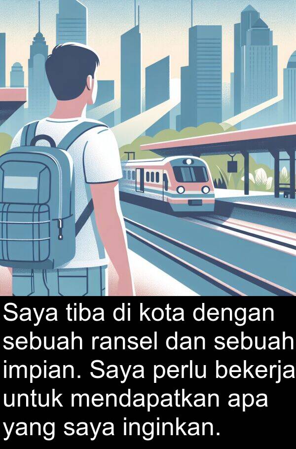 ransel: Saya tiba di kota dengan sebuah ransel dan sebuah impian. Saya perlu bekerja untuk mendapatkan apa yang saya inginkan.