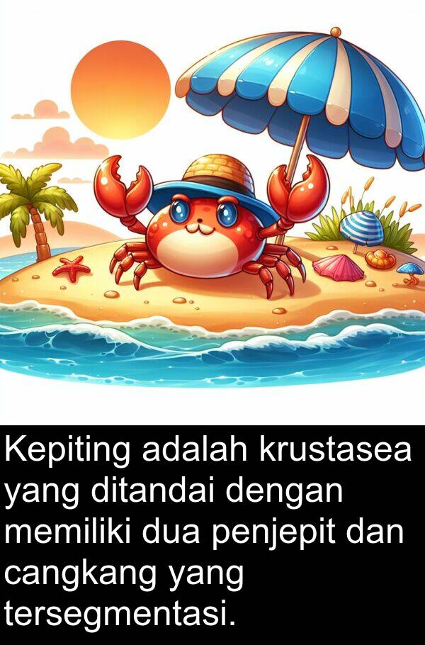 cangkang: Kepiting adalah krustasea yang ditandai dengan memiliki dua penjepit dan cangkang yang tersegmentasi.