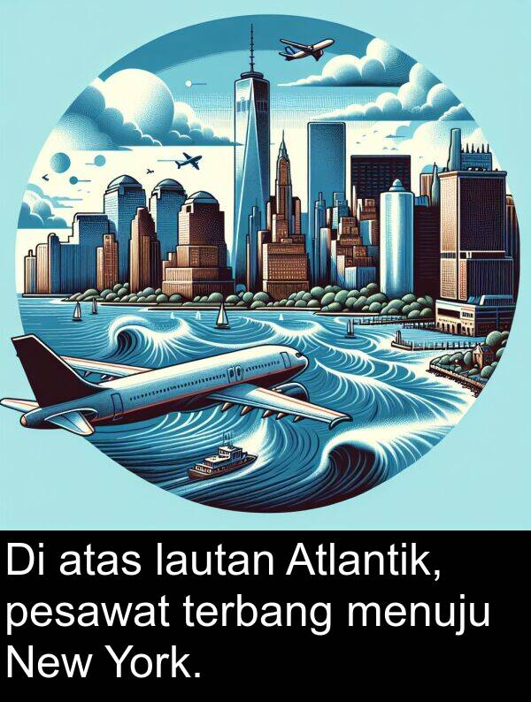 lautan: Di atas lautan Atlantik, pesawat terbang menuju New York.