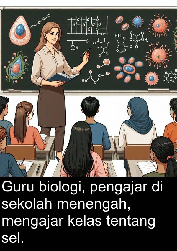 pengajar: Guru biologi, pengajar di sekolah menengah, mengajar kelas tentang sel.