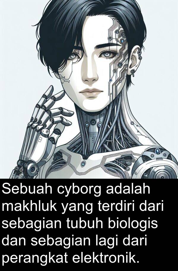 cyborg: Sebuah cyborg adalah makhluk yang terdiri dari sebagian tubuh biologis dan sebagian lagi dari perangkat elektronik.