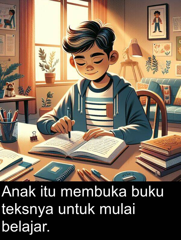 teksnya: Anak itu membuka buku teksnya untuk mulai belajar.