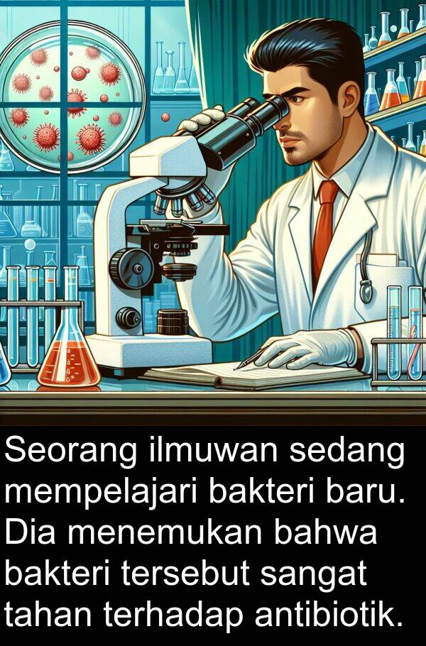 ilmuwan: Seorang ilmuwan sedang mempelajari bakteri baru. Dia menemukan bahwa bakteri tersebut sangat tahan terhadap antibiotik.