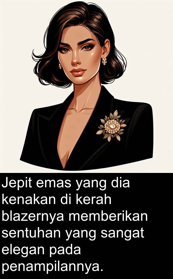 elegan: Jepit emas yang dia kenakan di kerah blazernya memberikan sentuhan yang sangat elegan pada penampilannya.