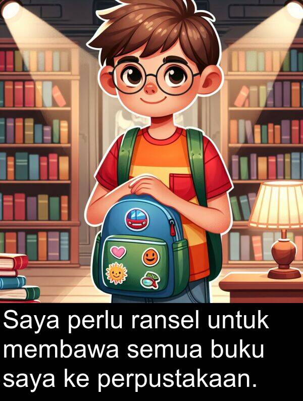 ransel: Saya perlu ransel untuk membawa semua buku saya ke perpustakaan.