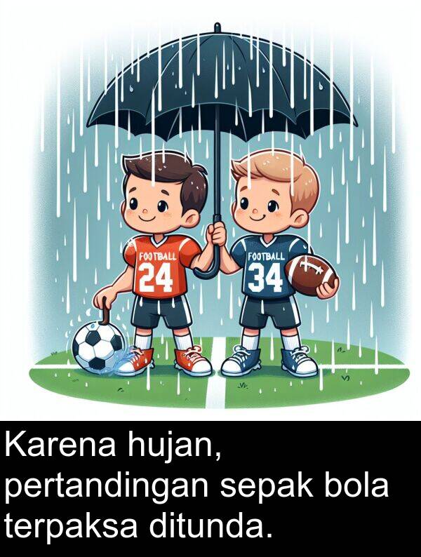 hujan: Karena hujan, pertandingan sepak bola terpaksa ditunda.