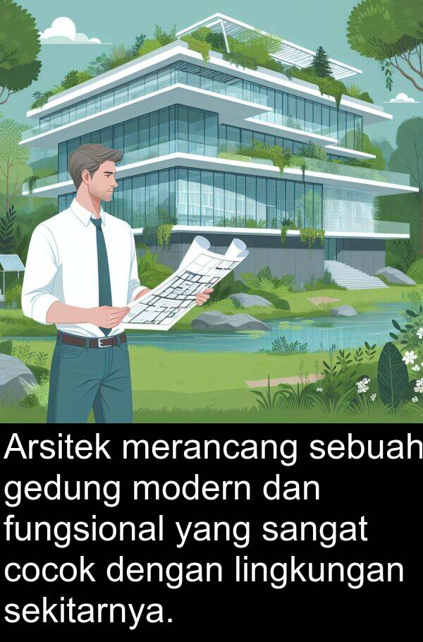 lingkungan: Arsitek merancang sebuah gedung modern dan fungsional yang sangat cocok dengan lingkungan sekitarnya.