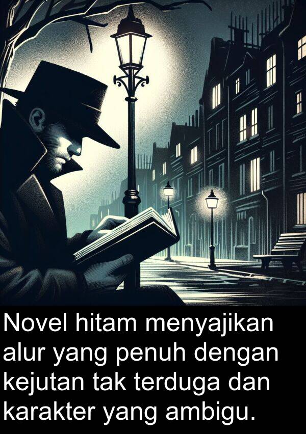 karakter: Novel hitam menyajikan alur yang penuh dengan kejutan tak terduga dan karakter yang ambigu.