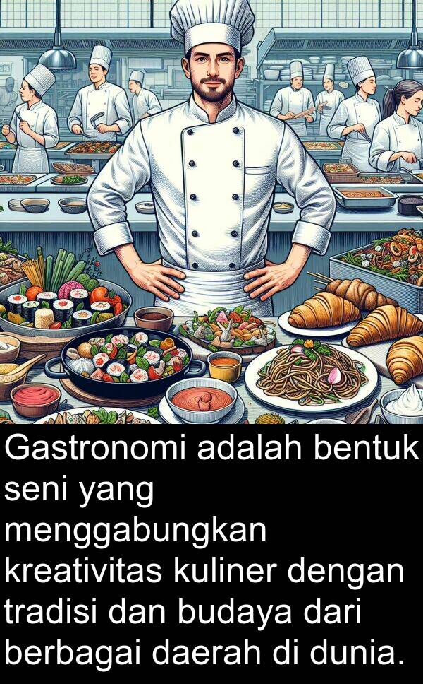 berbagai: Gastronomi adalah bentuk seni yang menggabungkan kreativitas kuliner dengan tradisi dan budaya dari berbagai daerah di dunia.