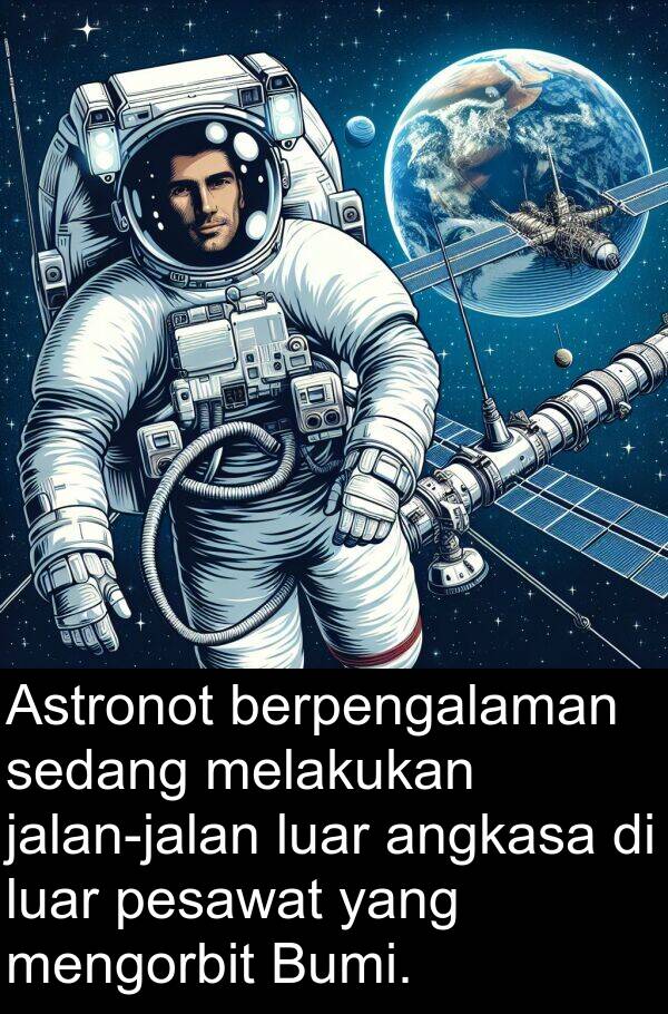 luar: Astronot berpengalaman sedang melakukan jalan-jalan luar angkasa di luar pesawat yang mengorbit Bumi.