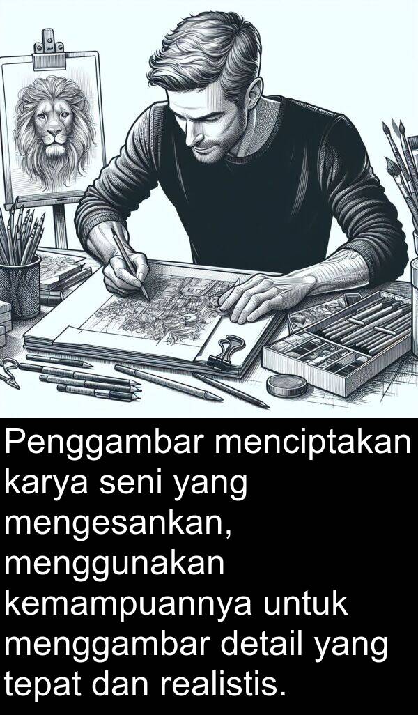 realistis: Penggambar menciptakan karya seni yang mengesankan, menggunakan kemampuannya untuk menggambar detail yang tepat dan realistis.