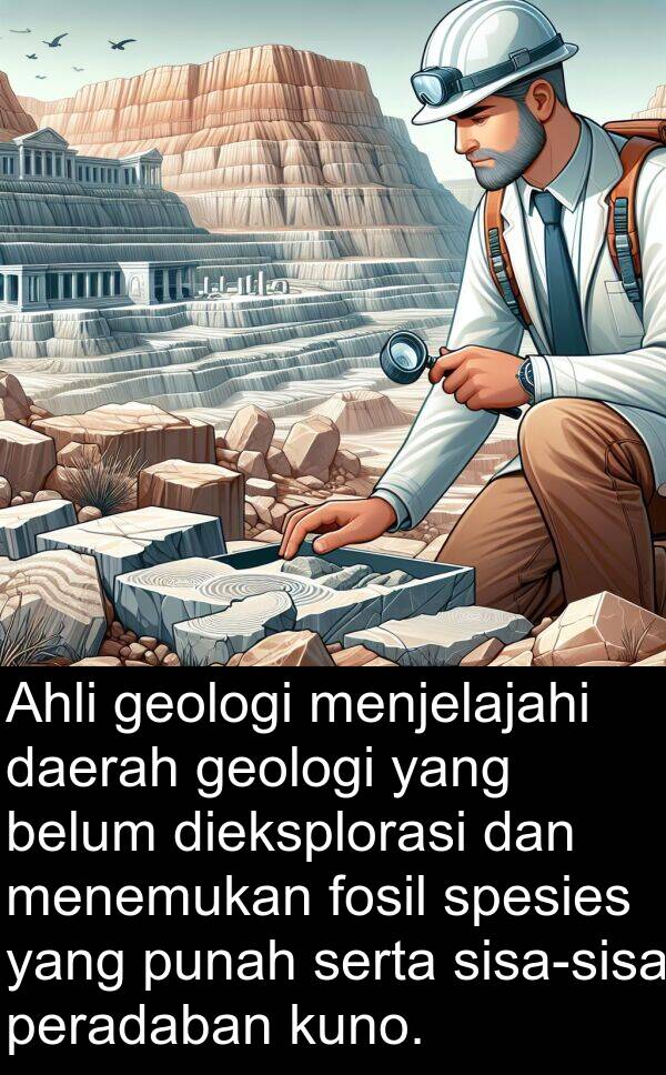 fosil: Ahli geologi menjelajahi daerah geologi yang belum dieksplorasi dan menemukan fosil spesies yang punah serta sisa-sisa peradaban kuno.