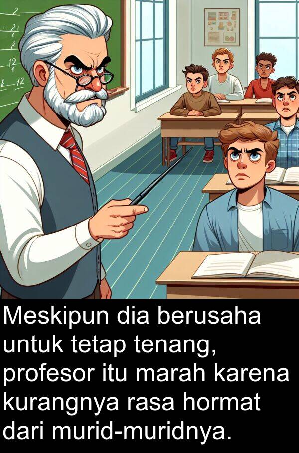 hormat: Meskipun dia berusaha untuk tetap tenang, profesor itu marah karena kurangnya rasa hormat dari murid-muridnya.