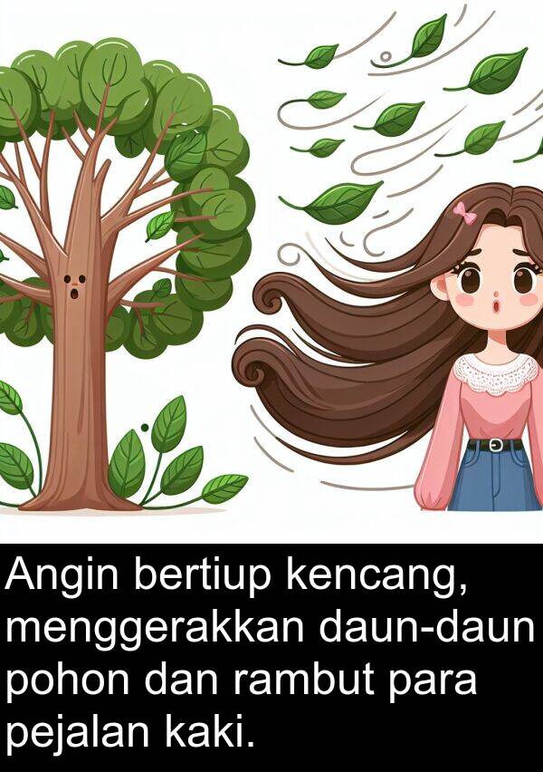 pejalan: Angin bertiup kencang, menggerakkan daun-daun pohon dan rambut para pejalan kaki.