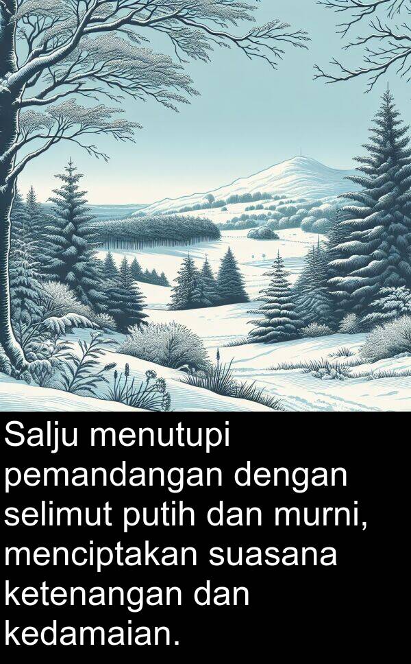 pemandangan: Salju menutupi pemandangan dengan selimut putih dan murni, menciptakan suasana ketenangan dan kedamaian.