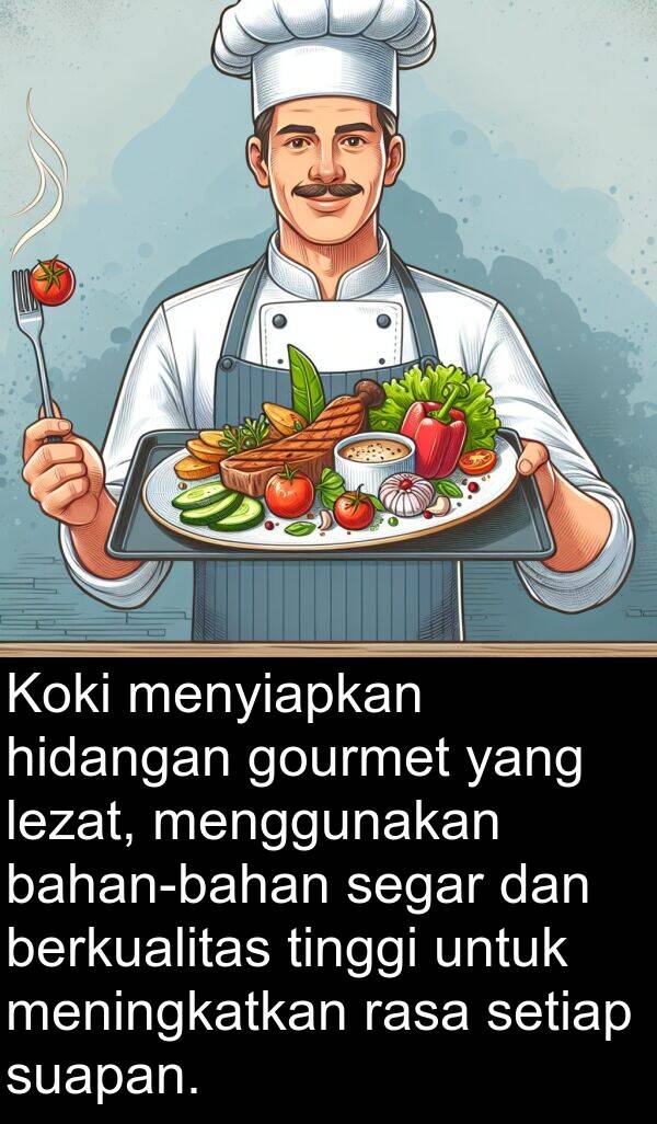 hidangan: Koki menyiapkan hidangan gourmet yang lezat, menggunakan bahan-bahan segar dan berkualitas tinggi untuk meningkatkan rasa setiap suapan.