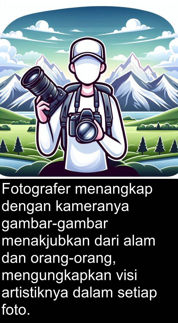 kameranya: Fotografer menangkap dengan kameranya gambar-gambar menakjubkan dari alam dan orang-orang, mengungkapkan visi artistiknya dalam setiap foto.