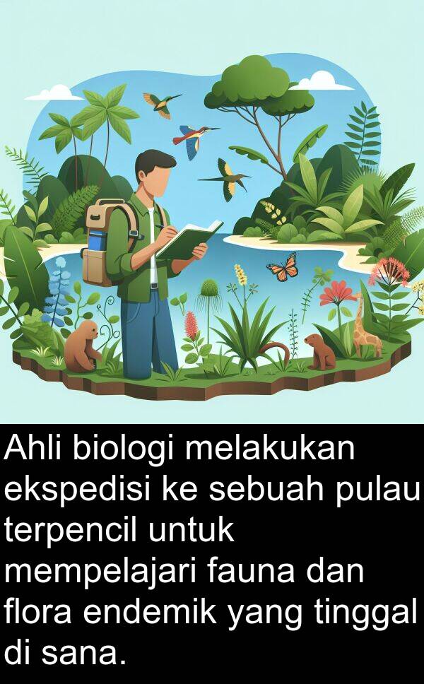 ekspedisi: Ahli biologi melakukan ekspedisi ke sebuah pulau terpencil untuk mempelajari fauna dan flora endemik yang tinggal di sana.