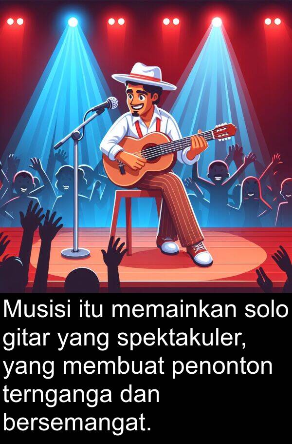 gitar: Musisi itu memainkan solo gitar yang spektakuler, yang membuat penonton ternganga dan bersemangat.