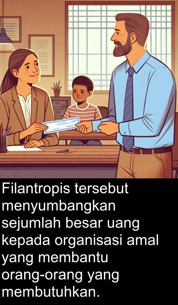 organisasi: Filantropis tersebut menyumbangkan sejumlah besar uang kepada organisasi amal yang membantu orang-orang yang membutuhkan.