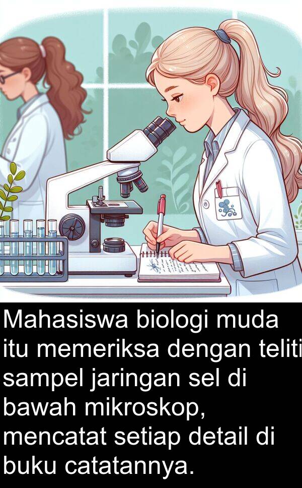 catatannya: Mahasiswa biologi muda itu memeriksa dengan teliti sampel jaringan sel di bawah mikroskop, mencatat setiap detail di buku catatannya.