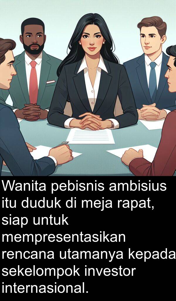 pebisnis: Wanita pebisnis ambisius itu duduk di meja rapat, siap untuk mempresentasikan rencana utamanya kepada sekelompok investor internasional.