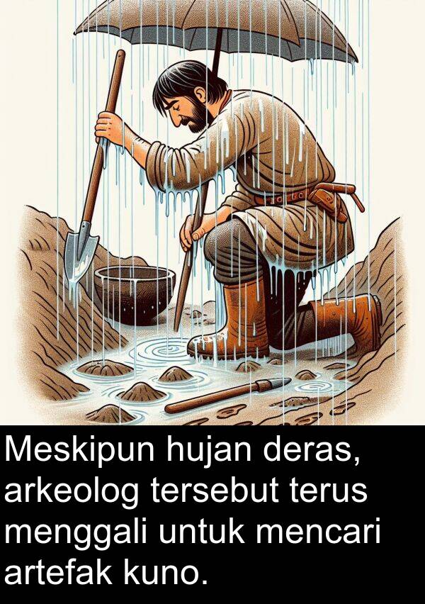 hujan: Meskipun hujan deras, arkeolog tersebut terus menggali untuk mencari artefak kuno.