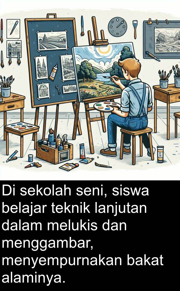 lanjutan: Di sekolah seni, siswa belajar teknik lanjutan dalam melukis dan menggambar, menyempurnakan bakat alaminya.