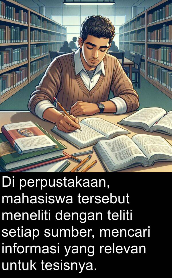 relevan: Di perpustakaan, mahasiswa tersebut meneliti dengan teliti setiap sumber, mencari informasi yang relevan untuk tesisnya.