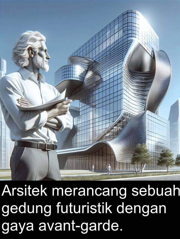 gedung: Arsitek merancang sebuah gedung futuristik dengan gaya avant-garde.