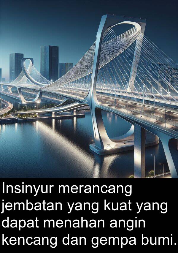 jembatan: Insinyur merancang jembatan yang kuat yang dapat menahan angin kencang dan gempa bumi.