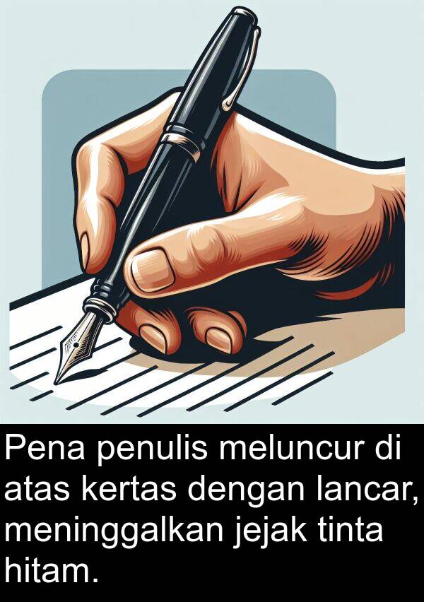 lancar: Pena penulis meluncur di atas kertas dengan lancar, meninggalkan jejak tinta hitam.